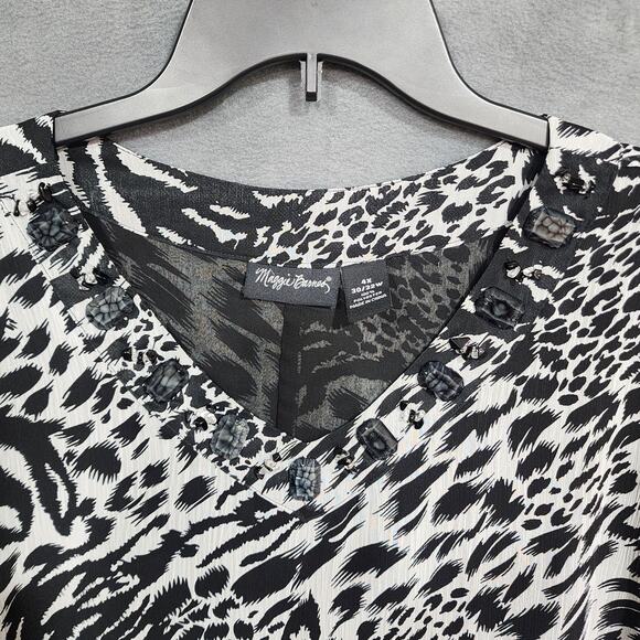 Maggie Barnes Chiffon Blouse 4X Animal Print Bead Embellished Black and White - Picture 3 of 7